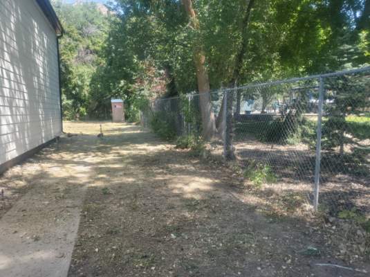 A fenced in yard with a tree next to it