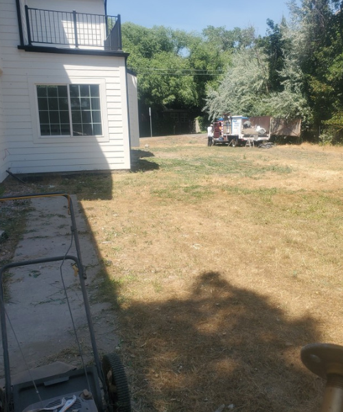 A yard with a lawn mower and a house in the background